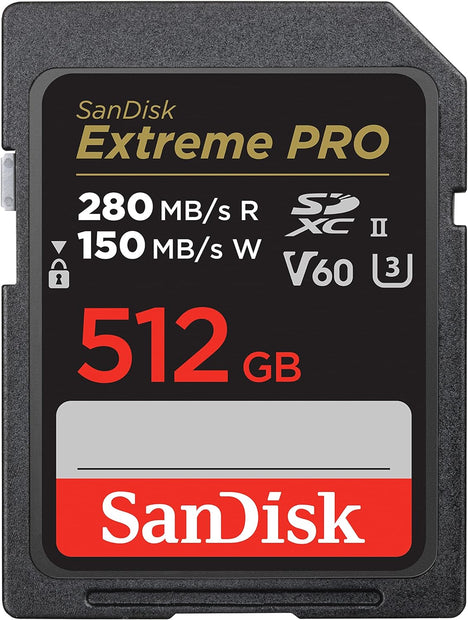 SanDisk Extreme Pro SDXC, SDSDXEP 512GB, V60, U3, C10, UHS-II, 280MB/s R, 150MB/s W, 4x6, Lifetime Limited