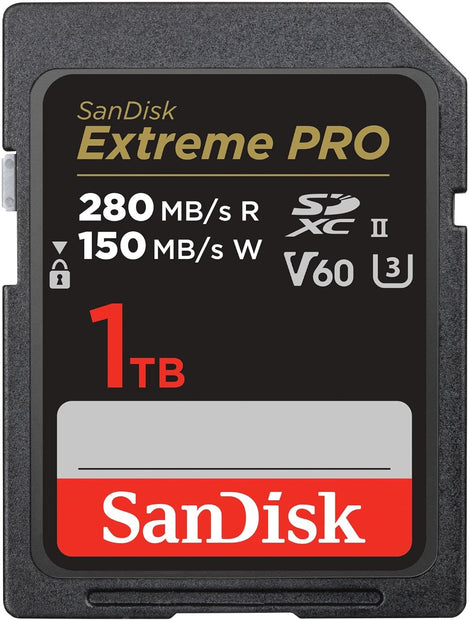 SanDisk Extreme Pro SDXC, SDSDXEP 1TB, V60, U3, C10, UHS-II, 280MB/s R, 150MB/s W, 4x6, Lifetime Limited