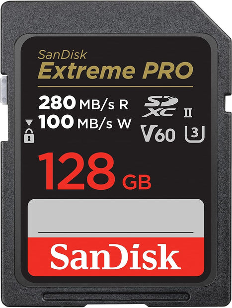 SanDisk Extreme Pro SDXC, SDSDXEP 128GB, V60, U3, C10, UHS-II, 280MB/s R, 100MB/s W, 4x6, Lifetime Limited