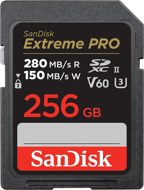 SanDisk Extreme Pro SDXC, SDSDXEP 256GB, V60, U3, C10, UHS-II, 280MB/s R, 150MB/s W, 4x6, Lifetime Limited