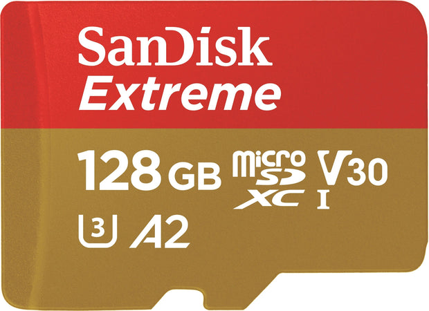 SanDisk Extreme microSDXC, SQXAA 128GB, V30, U3, C10, A2, UHS-I, 190MB/s R, 90MB/s W, 4x6, SD adaptor, Lifetime Limited, Action Cam/Drone SKU