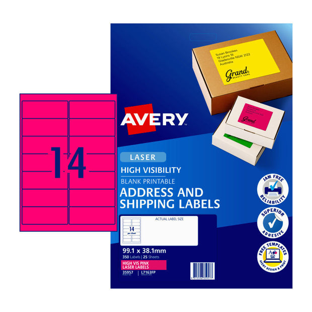 AV LsrLb Pnk L7163FP 14Up Pk25 Fluoro Pink