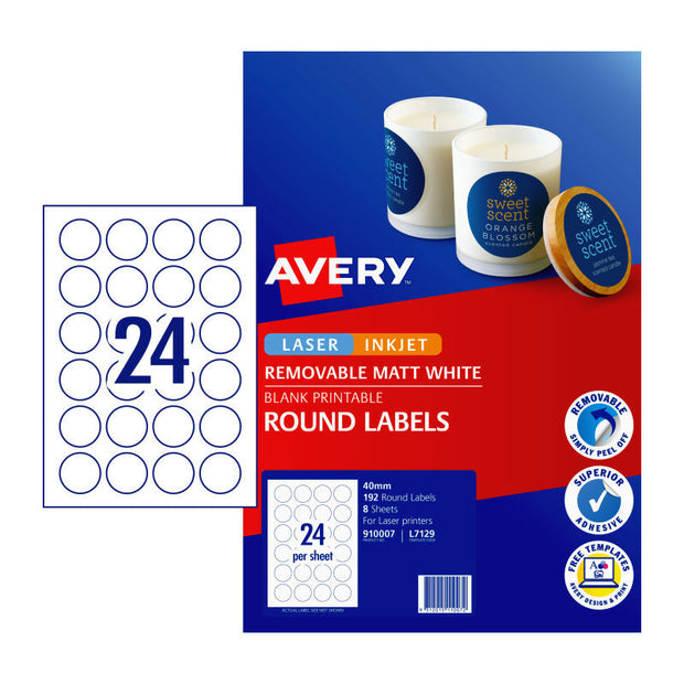 AV Lbl Red L7129 40mm 24Up Pk8 White