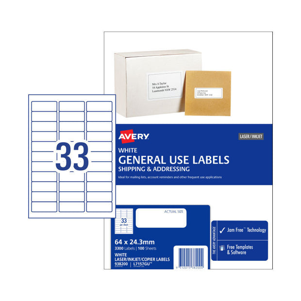 AV Gen Lbl L7157GU 33Up Pk100 White