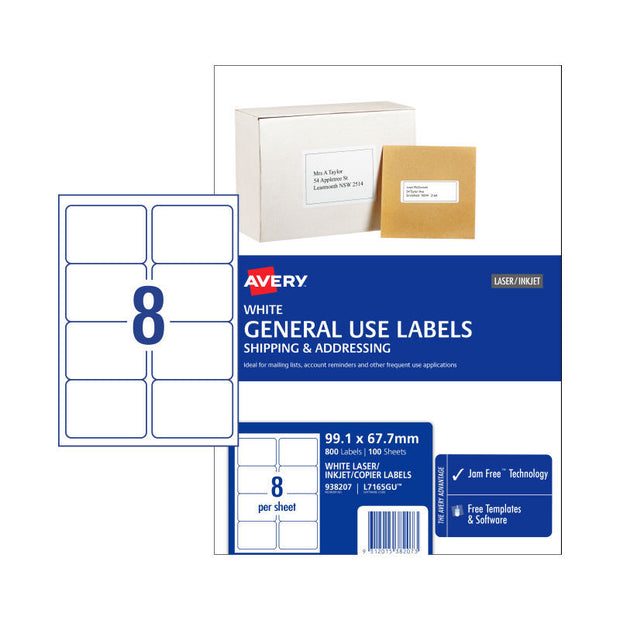 AV Gen Lbl L7165GU 8Up Pk100 White