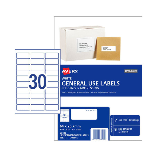 AV Gen Lbl L7158GU 30Up Pk100 White