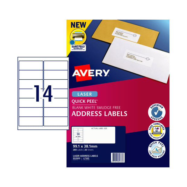 AV Laser Lbl L7163 14Up Pk20 White