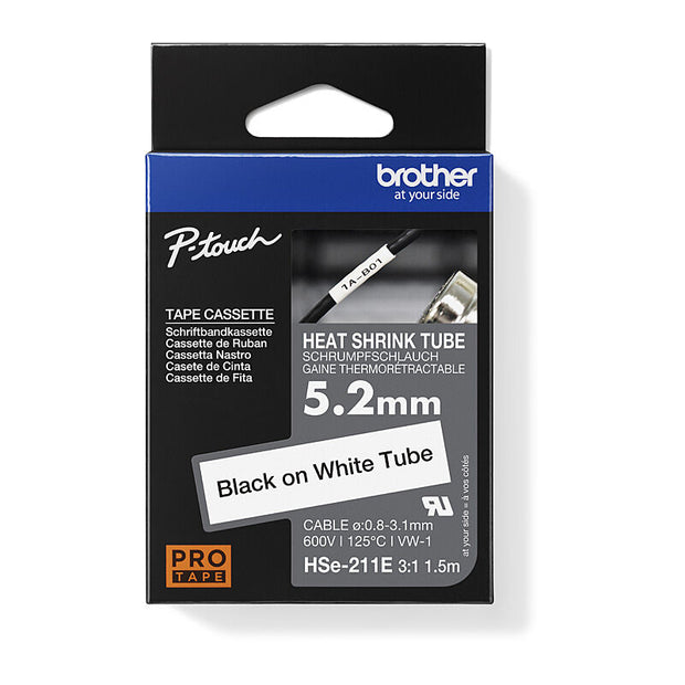 Brother HSe211E Labelling Tape 5.2mm x 1.5m Black on White