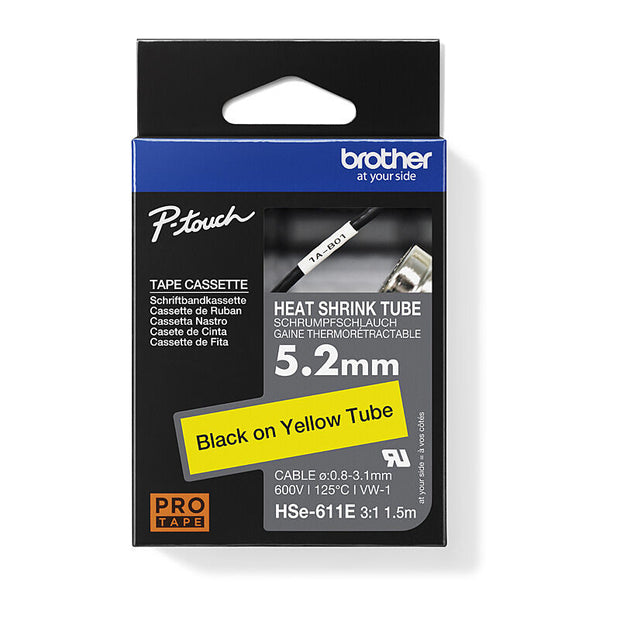 Brother HSe611E Labelling Tape 5.2mm x 1.5m on Black Yellow