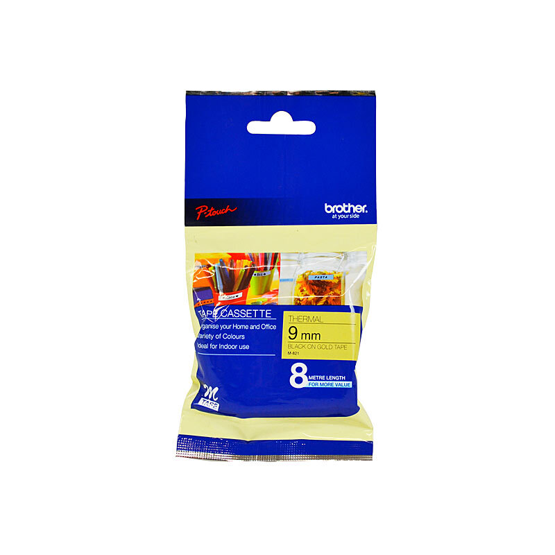 Brother M821 Labelling Tape 9mm x 8m Metallic on Gold Black