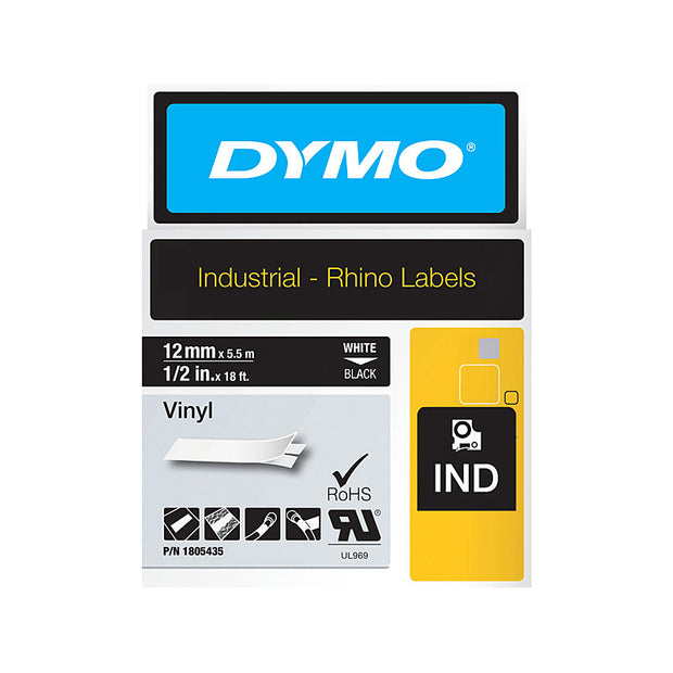 Dymo Rhino Vinyl 12mm Tape Blk Black on White