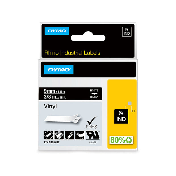 Dymo Rhino Vinyl 9mm Tape Blk X 5.5m White on Blue