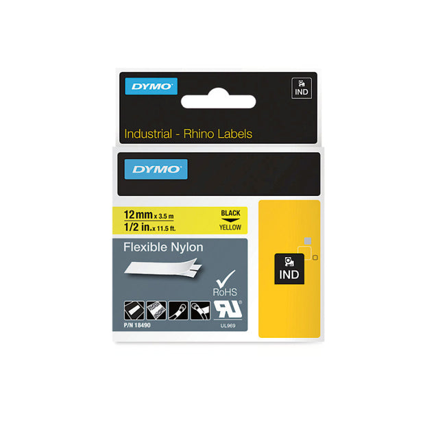 Dymo Rhino Ny Lbl 12mm Blk/Yel x 7m on Black Yellow