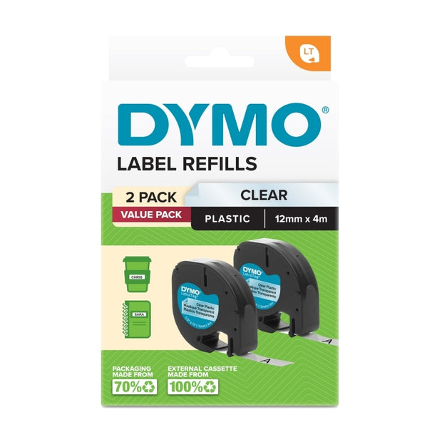 Dymo LetraTag PlasTape Clr Pk2 12mm X 4M Clear
