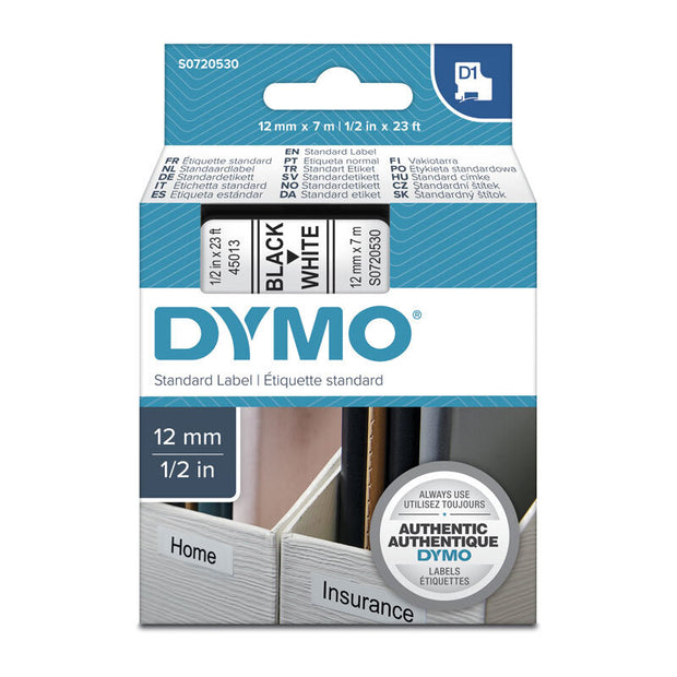 D1 Blk on Wht 12mmx7m Tape 12mm x 7m
