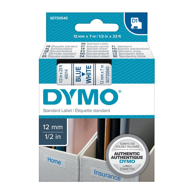 D1 Blue on Wht 12mmx7m Tape 12mm x 7m