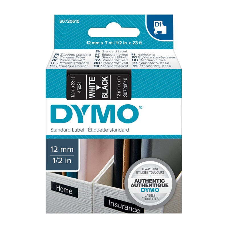 D1 Wht on Blk 12mmx7m Tape 12mm x 7m