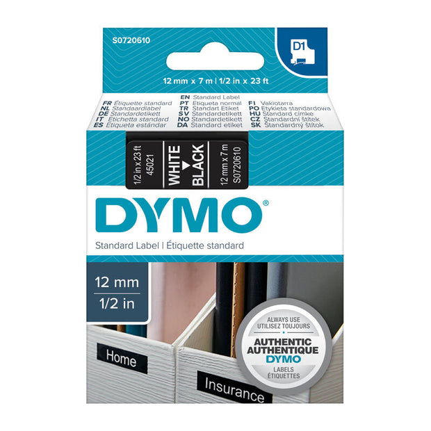D1 Wht on Blk 12mmx7m Tape 12mm x 7m