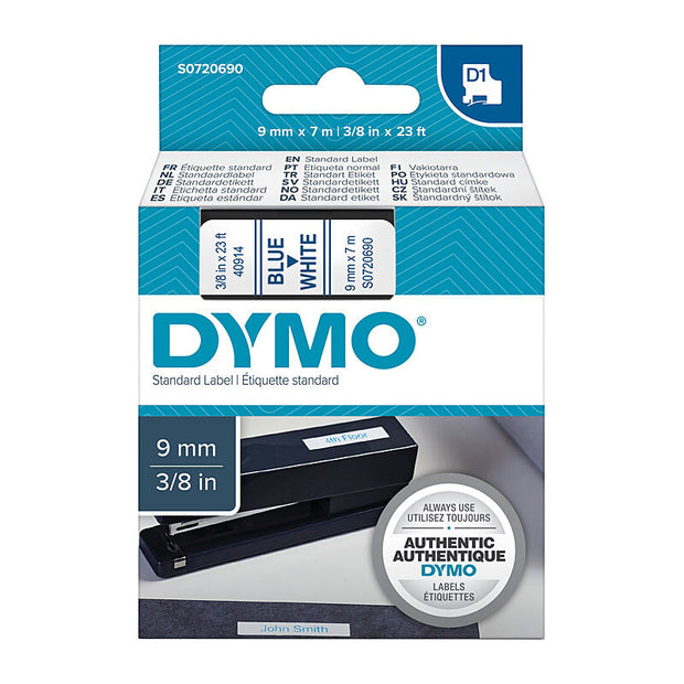 D1 on Wht 9mm x7m Tape White Blue