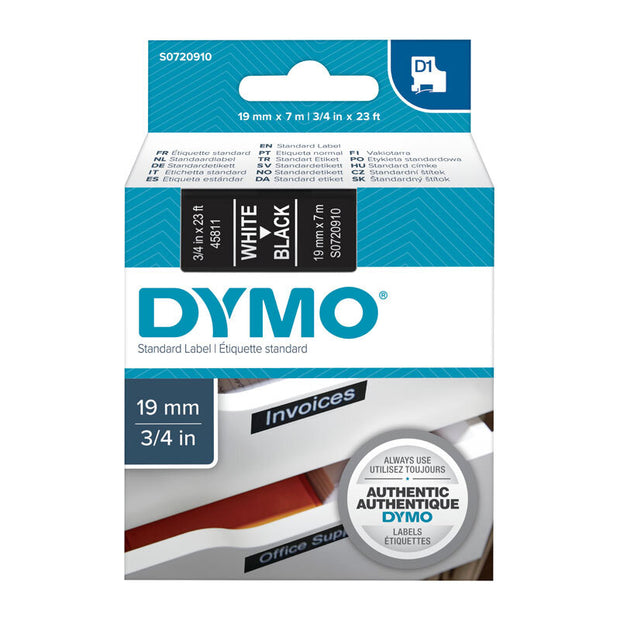 D1 Wht on Blk 19mmx7m Tape 19mm x 7m