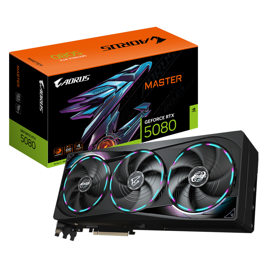 AORUS GeForce RTX 5080 MASTER 16GB; GDDR7 256bit memory interface; WINDFORCE cooling system; CORE CLOCK 2805 MHz