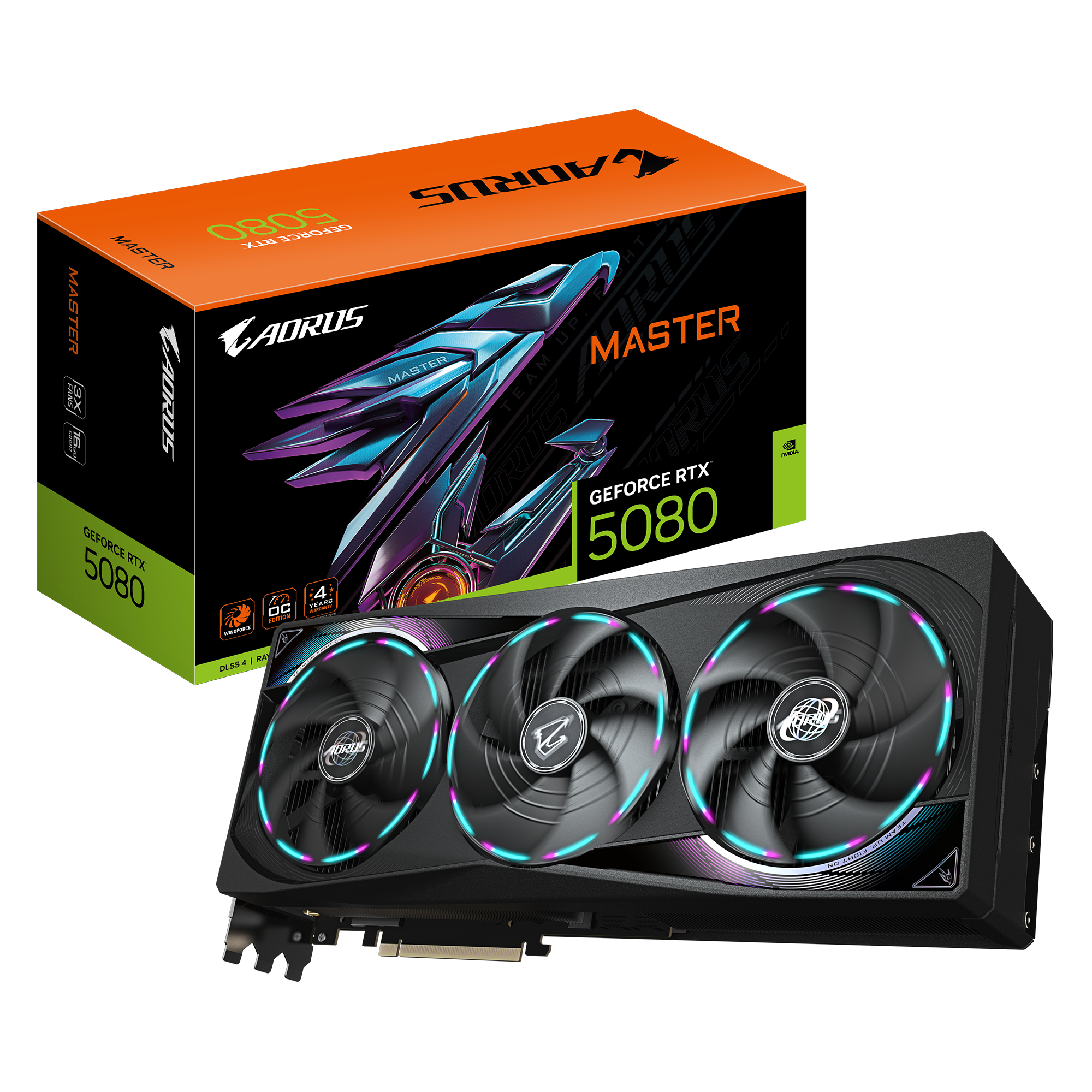 AORUS GeForce RTX 5080 MASTER 16GB; GDDR7 256bit memory interface; WINDFORCE cooling system; CORE CLOCK 2805 MHz