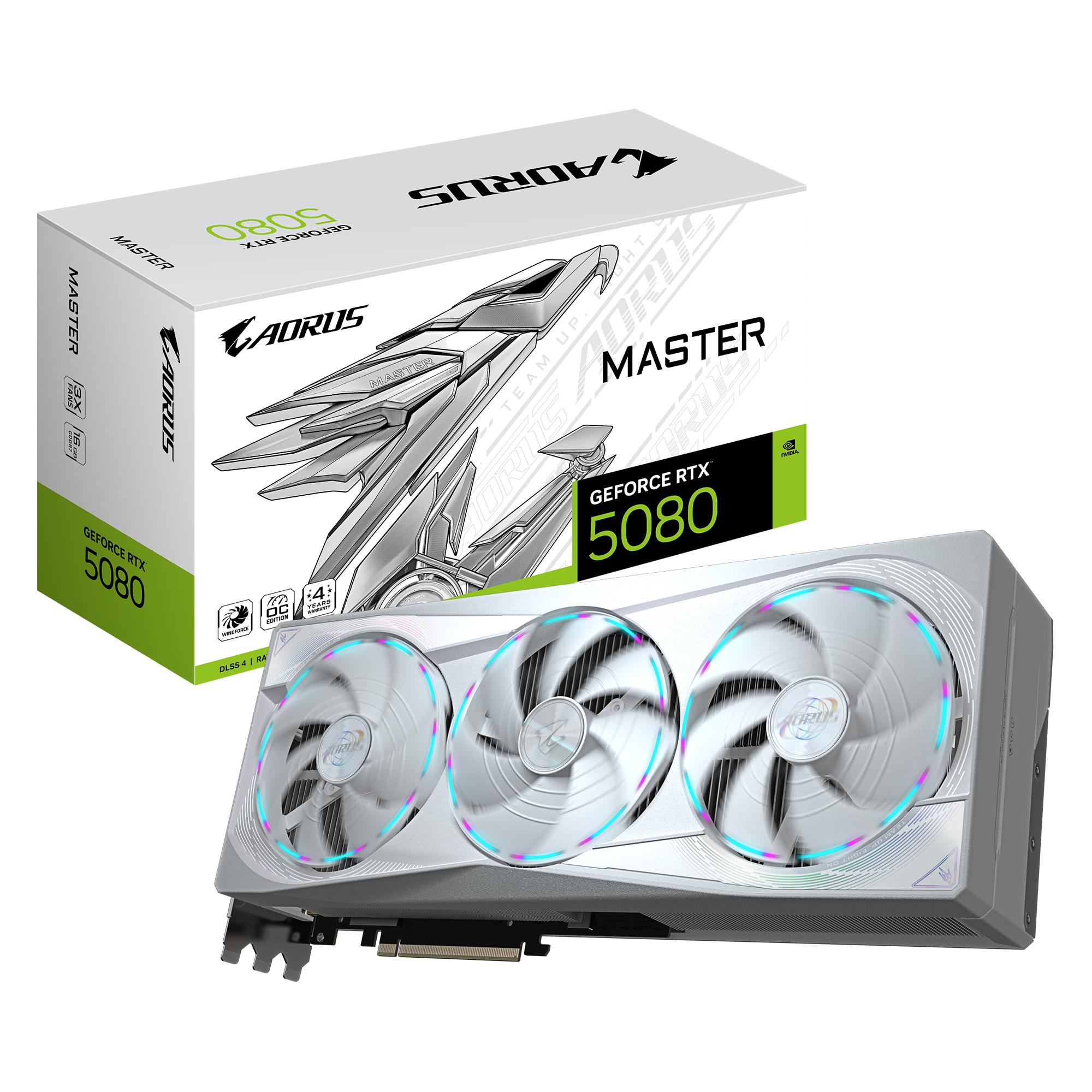 AORUS GeForce RTX 5080 MASTER ICE 16G;  Integrated with 16GB GDDR7 256bit memory interface  WINDFORCE cooling system;Core Clock 2805 MHz;7680 x 4320