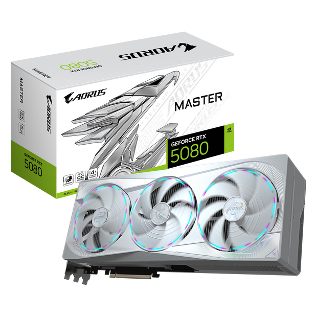 AORUS GeForce RTX 5080 MASTER ICE 16G;  Integrated with 16GB GDDR7 256bit memory interface  WINDFORCE cooling system;Core Clock 2805 MHz;7680 x 4320