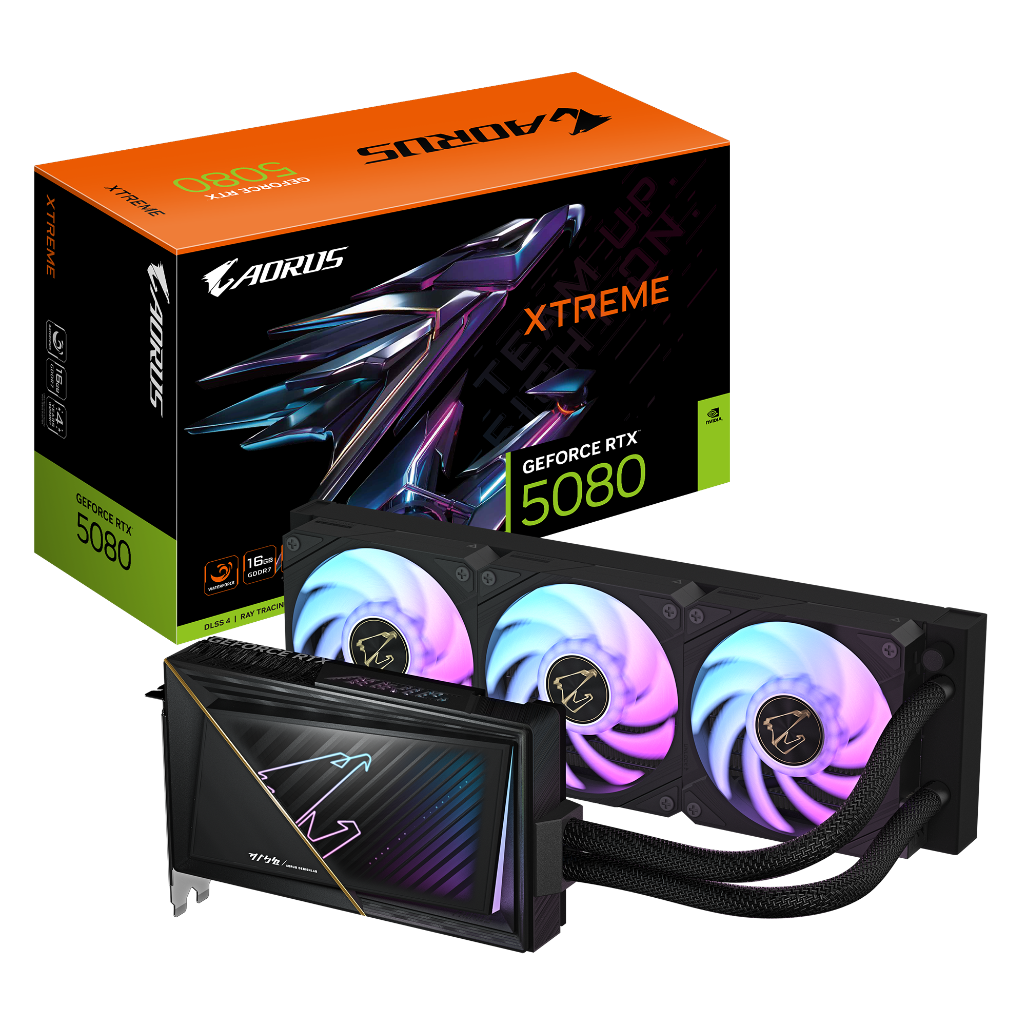 AORUS GeForce RTX 5080 XTREME WATERFORCE 16GB; GDDR7 256bit memory interface; WATERFORCE all-in-one cooling system; CORE CLOCK 2805 MHz