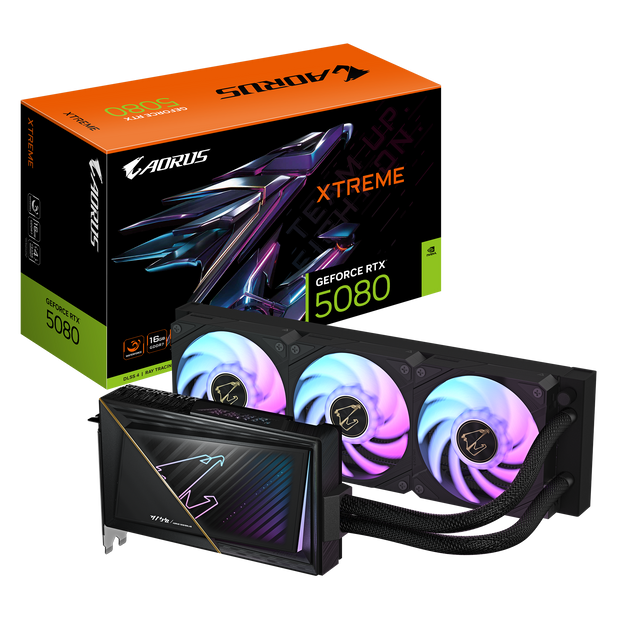 AORUS GeForce RTX 5080 XTREME WATERFORCE 16GB; GDDR7 256bit memory interface; WATERFORCE all-in-one cooling system; CORE CLOCK 2805 MHz