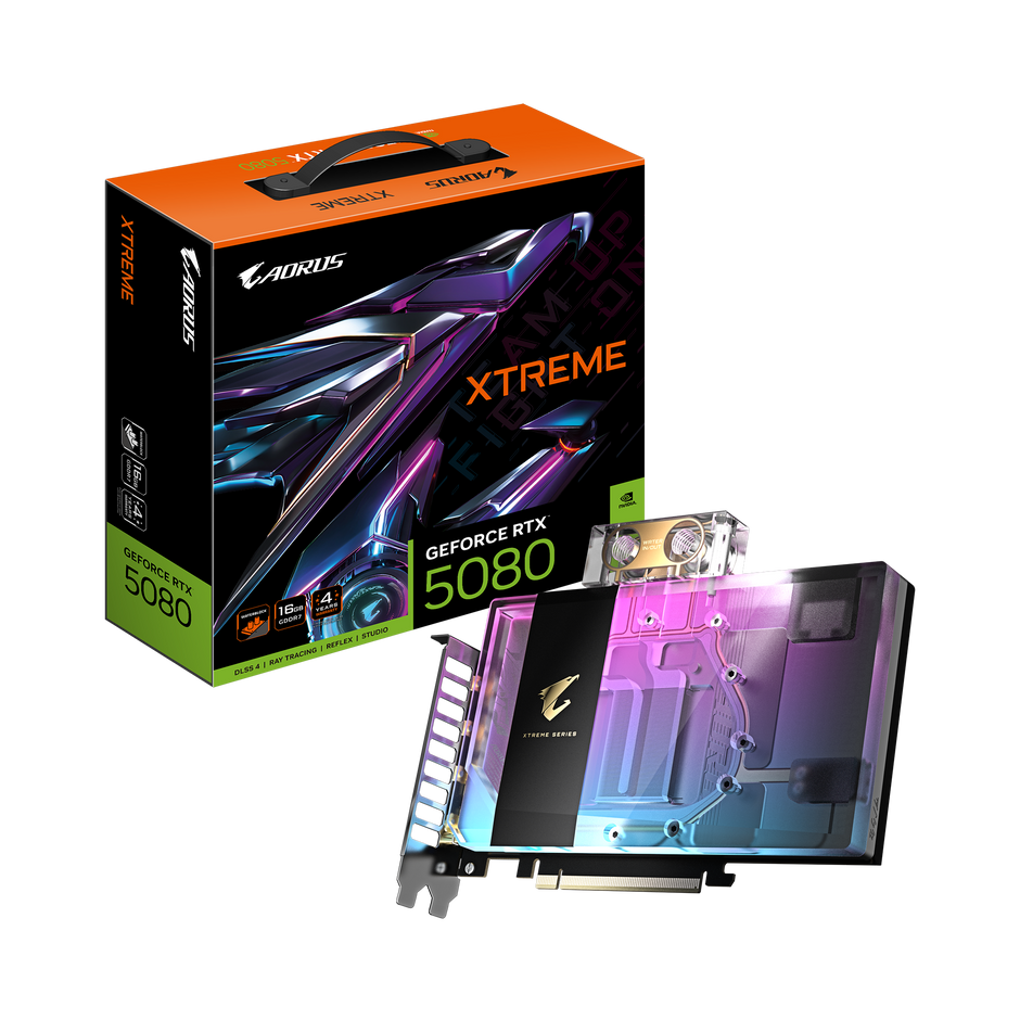 AORUS GeForce RTX 5080 XTREME WATERFORCE WB 16G; GDDR7 256bit memory interface; CORE CLOCK 2805 MHz