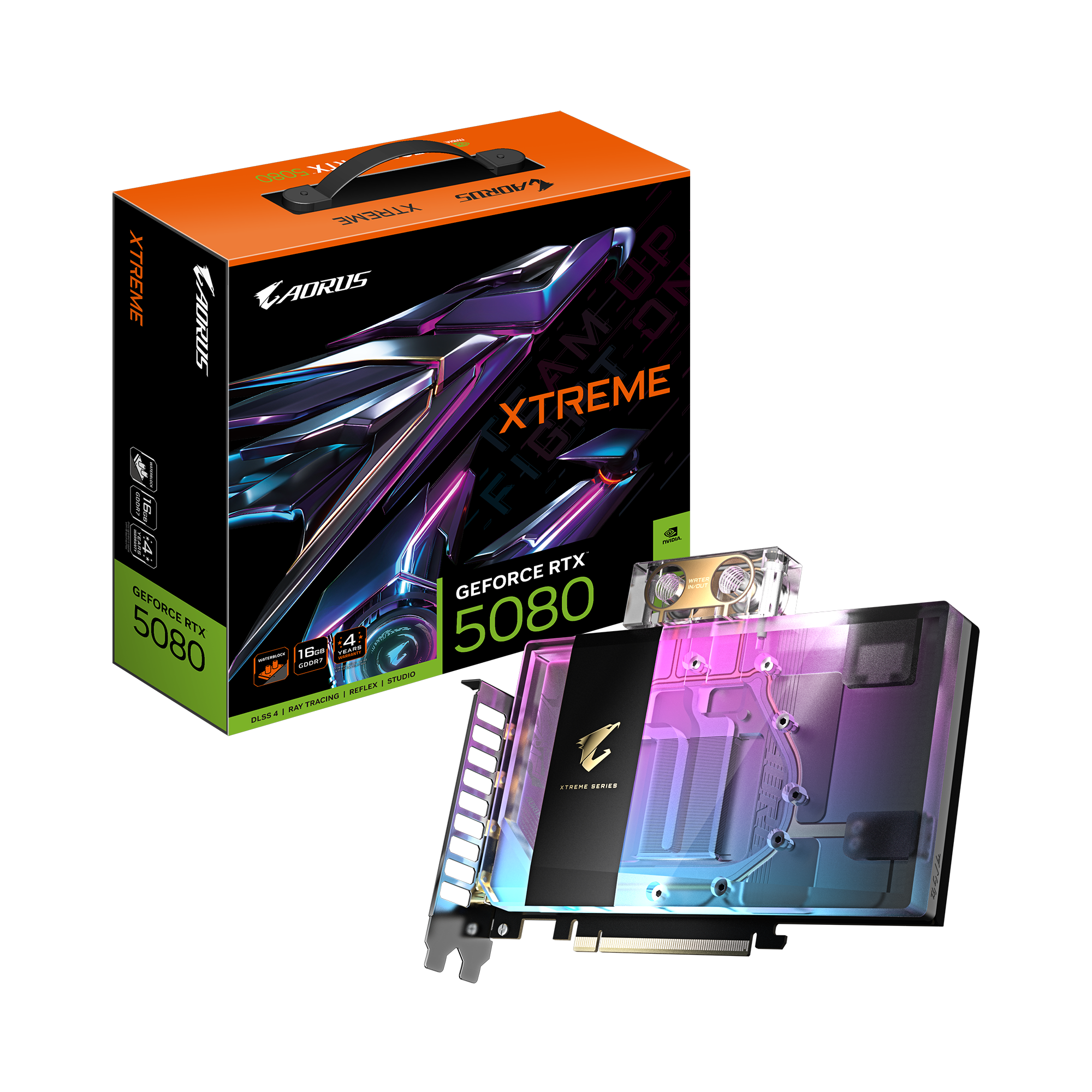 AORUS GeForce RTX 5080 XTREME WATERFORCE WB 16G; GDDR7 256bit memory interface; CORE CLOCK 2805 MHz