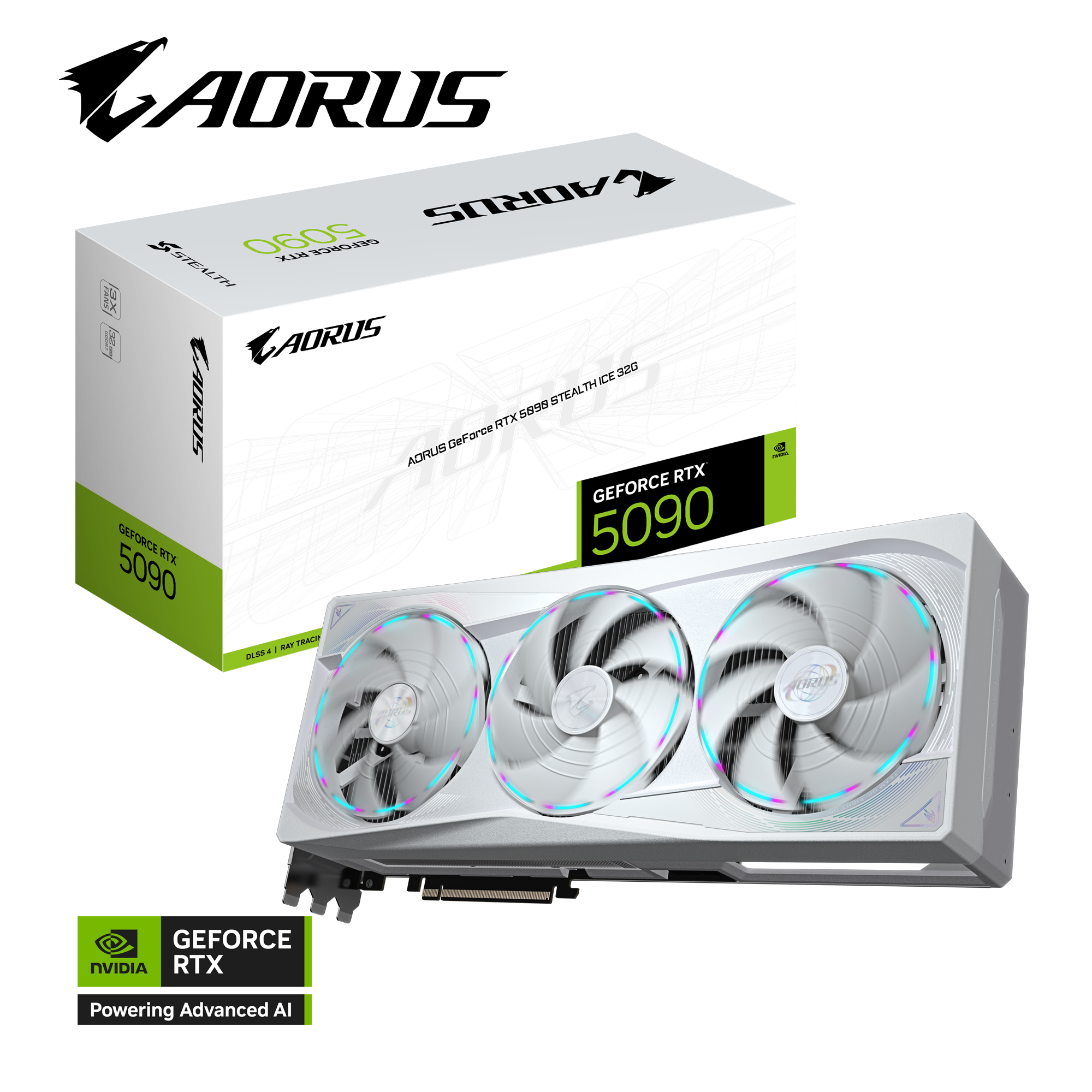 AORUS GeForce RTX 5090 STEALTH ICE 32G; NVIDIA RTX 5090/REV 1.0; PCI-E 5.0 x16/32 GB GDDR7/512 bit; DP*3/HDMI