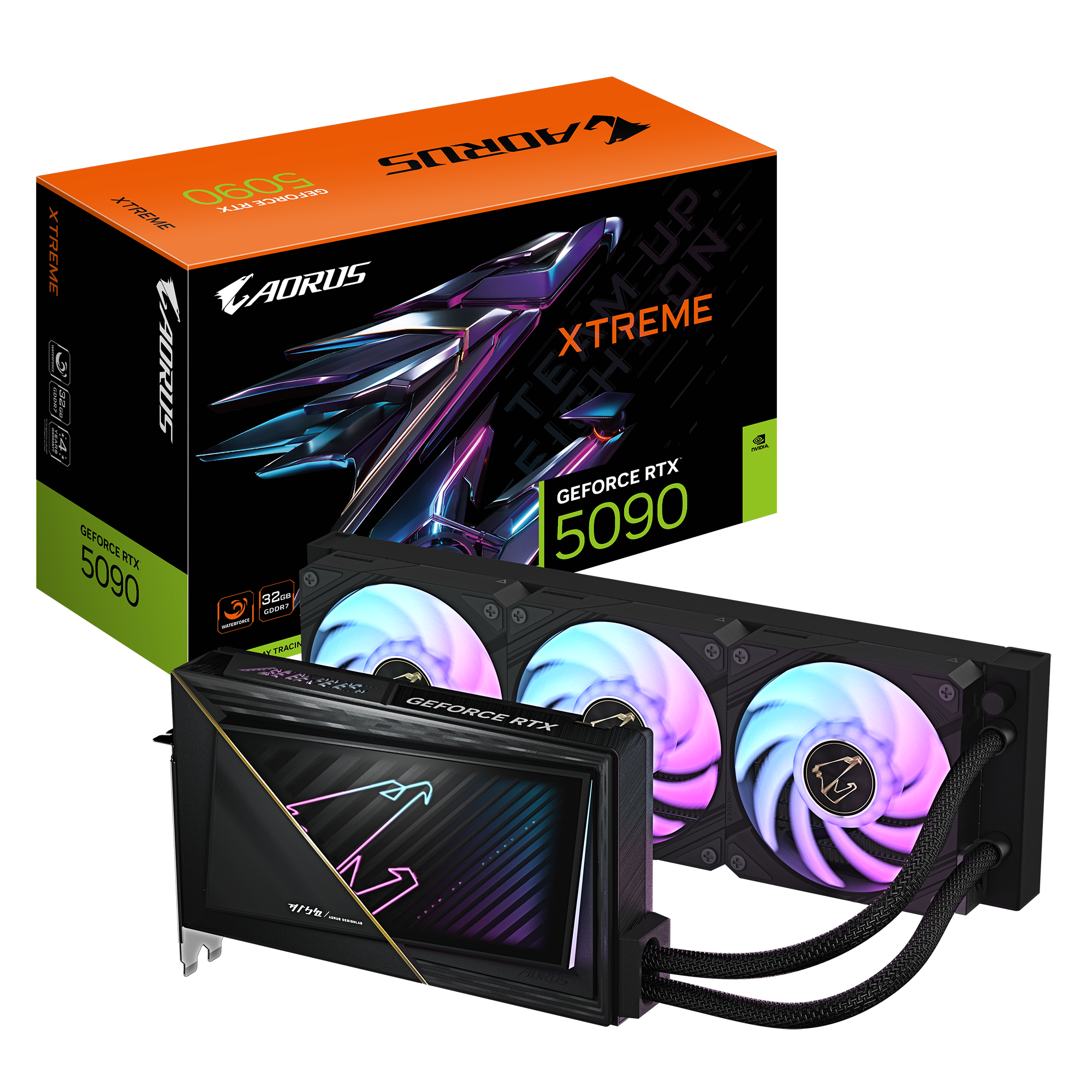 AORUS GeForce RTX 5090 XTREME WATERFORCE 32GB; GDDR7 512bit memory interface; WATERFORCE all-in-one cooling system;; CORE CLOCK 2655 MHz