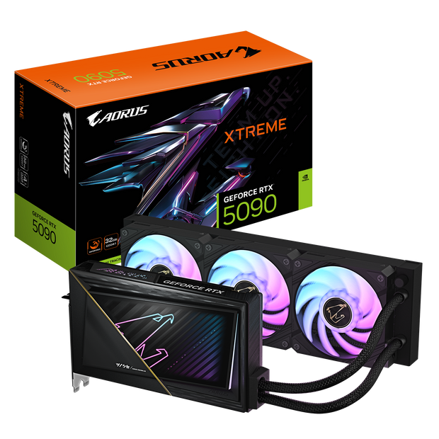 AORUS GeForce RTX 5090 XTREME WATERFORCE 32GB; GDDR7 512bit memory interface; WATERFORCE all-in-one cooling system;; CORE CLOCK 2655 MHz