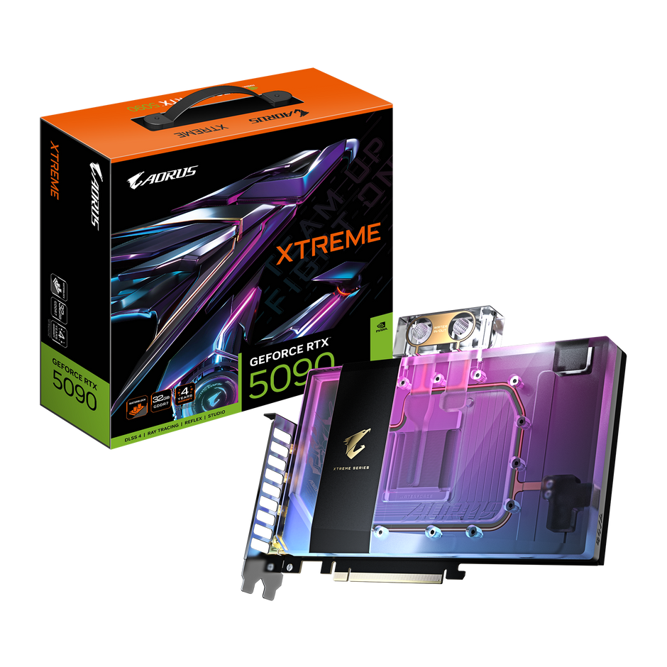 AORUS GeForce RTX 5090 XTREME WATERFORCE WB 32GB;GDDR7 512bit memory interface; WATERFORCE Water Block cooling system;2655 MHz;7680 x 4320