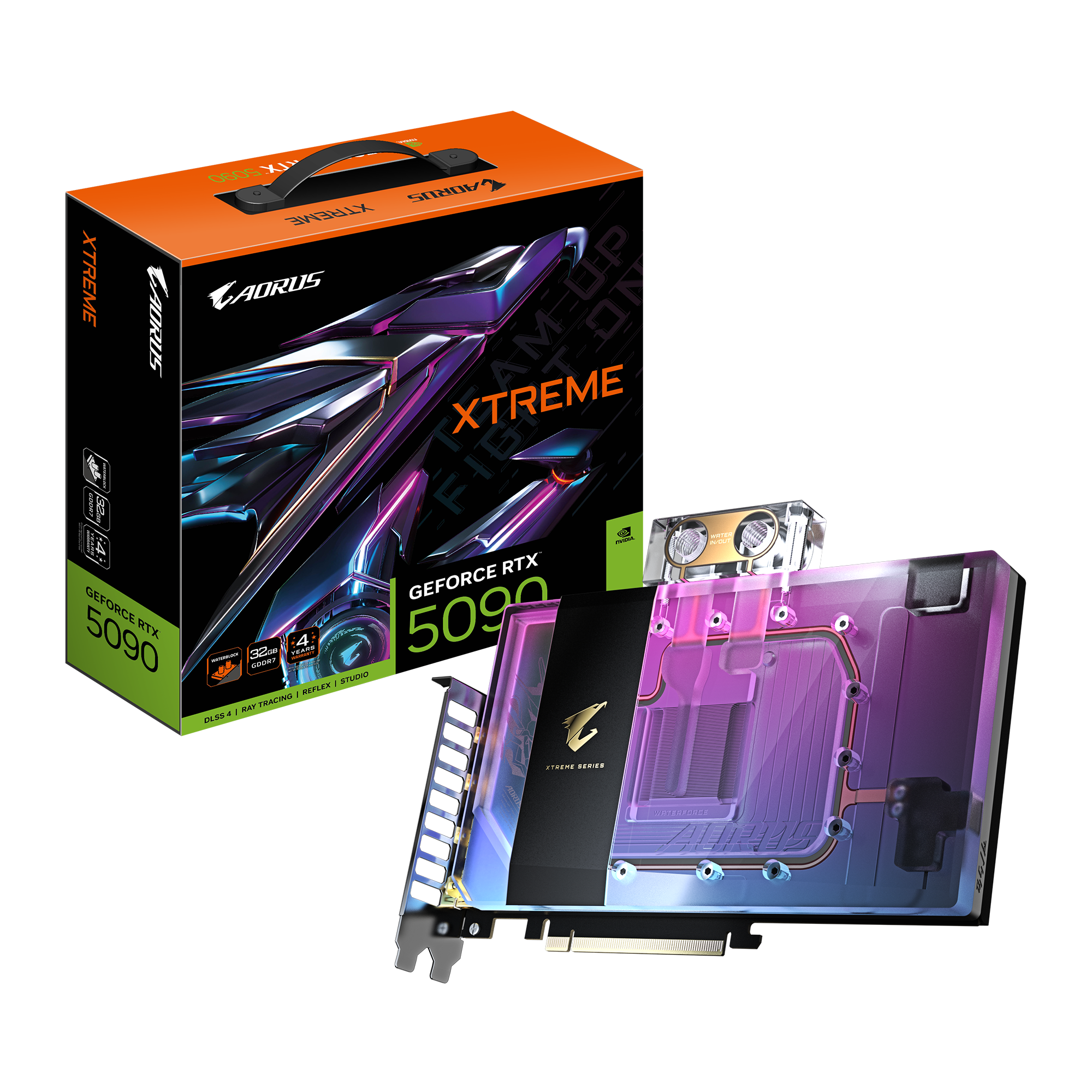 AORUS GeForce RTX 5090 XTREME WATERFORCE WB 32GB;GDDR7 512bit memory interface; WATERFORCE Water Block cooling system;2655 MHz;7680 x 4320