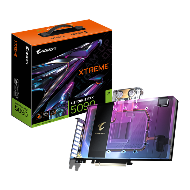 AORUS GeForce RTX 5090 XTREME WATERFORCE WB 32GB;GDDR7 512bit memory interface; WATERFORCE Water Block cooling system;2655 MHz;7680 x 4320