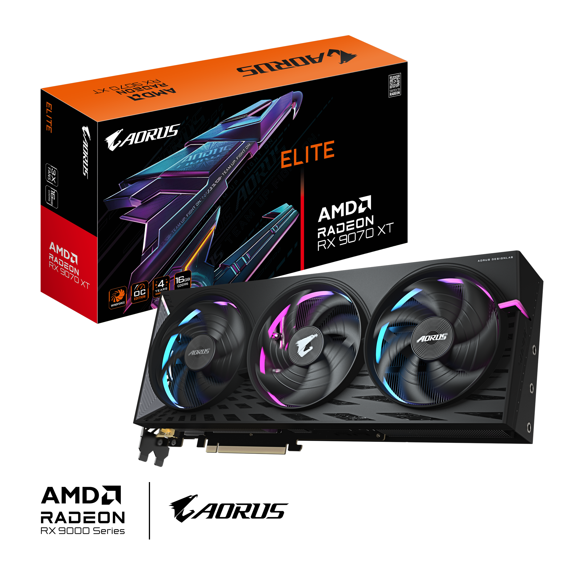 AORUS Radeon RX 9070 XT ELITE 16G; GDDR6 256bit memory interface; CORE CLOCK Boost Clock up to 3100 MHz; Game clock up to 2570 MHz