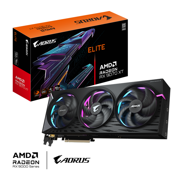 AORUS Radeon RX 9070 XT ELITE 16G; GDDR6 256bit memory interface; CORE CLOCK Boost Clock up to 3100 MHz; Game clock up to 2570 MHz