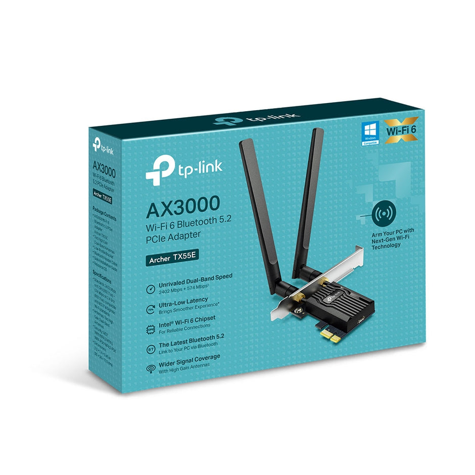 AX3000 Dual Band Wi-Fi 6 Bluetooth PCI Express Adapter 2402 Mbps at 5 GHz  574 Mbps at 2.4 GHz 2x High Gain External Antennas