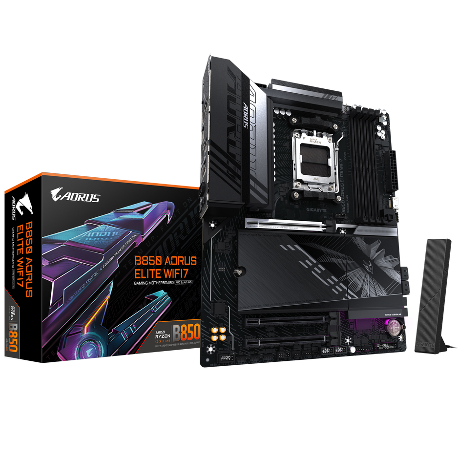 B850 AORUS ELITE WIFI7 MOTHERBOARD; AMD B850 chipset; 4 x DDR5 DIMM sockets supporting up to 256 GB; Realtek 2.5GbE LAN chip