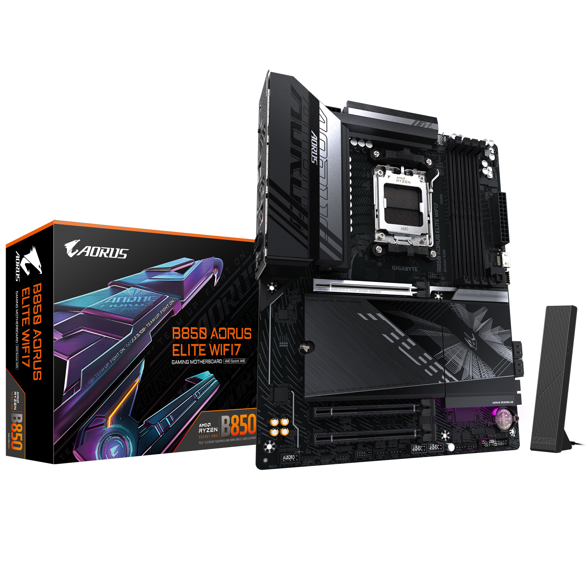 B850 AORUS ELITE WIFI7 MOTHERBOARD; AMD B850 chipset; 4 x DDR5 DIMM sockets supporting up to 256 GB; Realtek 2.5GbE LAN chip
