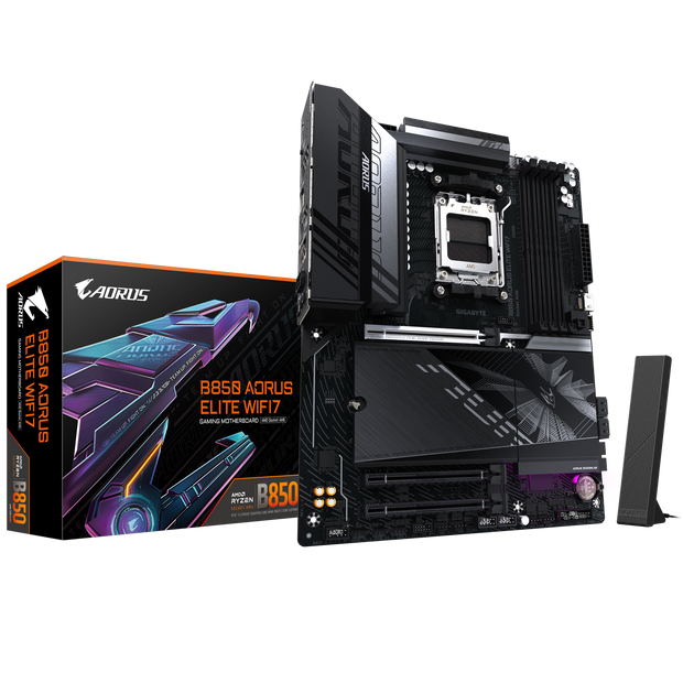 B850 AORUS ELITE WIFI7 MOTHERBOARD; AMD B850 chipset; 4 x DDR5 DIMM sockets supporting up to 256 GB; Realtek 2.5GbE LAN chip