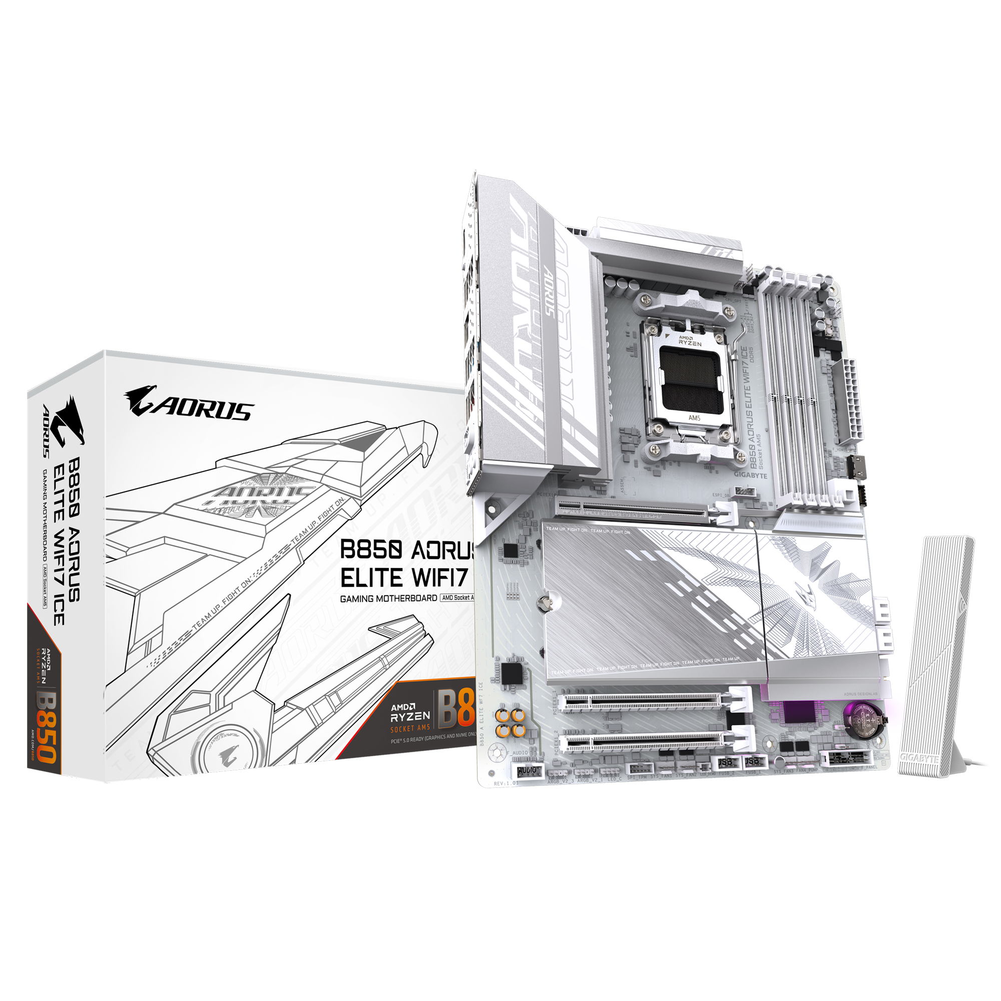 B850 AORUS ELITE WIFI7 ICE Motherboard; AMD B850 chipset; 4 x DDR5 DIMM sockets supporting up to 256 GB