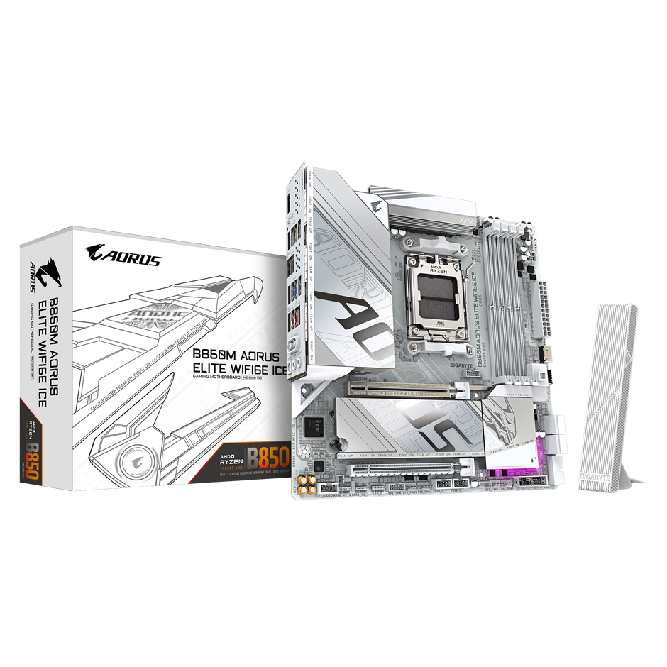B850M AORUS ELITE WIFI6E ICE Motherboard; Socket AM5 Supports AMD Ryzen Series Processors;4 x DIMMs, Dual Channel DDR5;; AMD B850 chipset