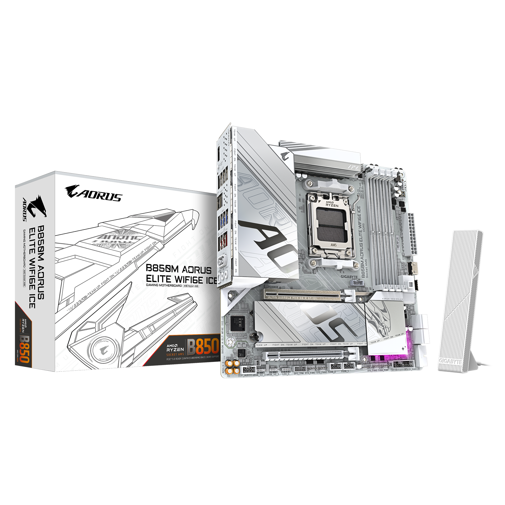 B850M AORUS ELITE WIFI6E ICE Motherboard; Socket AM5 Supports AMD Ryzen Series Processors;4 x DIMMs, Dual Channel DDR5;; AMD B850 chipset