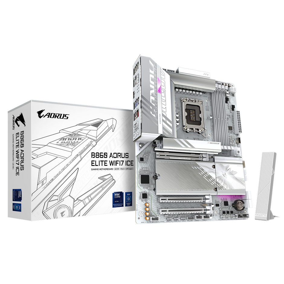 B860 AORUS ELITE WIFI7 ICE Motherboard; Intel Core Ultra processors (Series 2) Support; 4 x DIMMs, Dual Channel DDR5; with Intel B860 Express Chipset