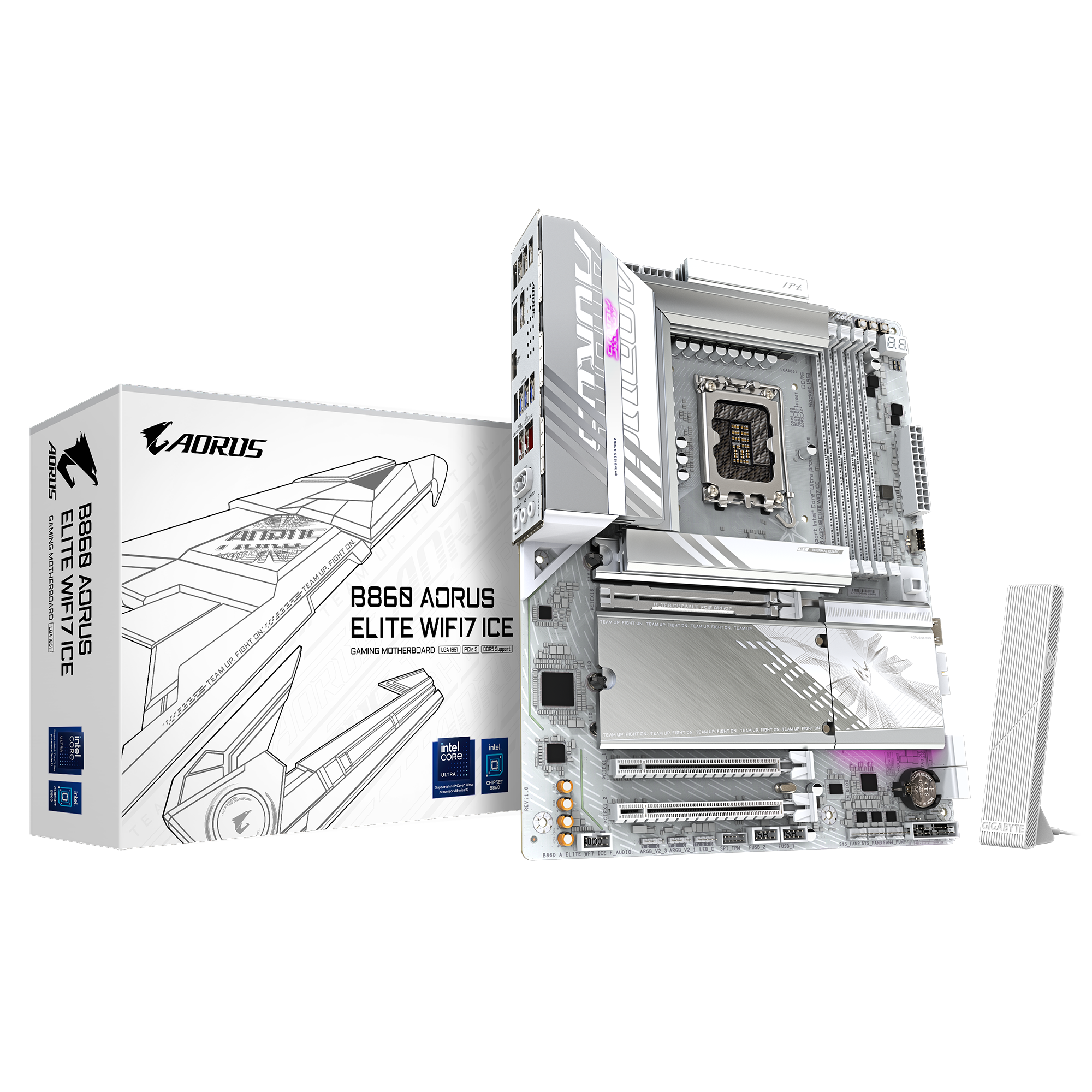B860 AORUS ELITE WIFI7 ICE Motherboard; Intel Core Ultra processors (Series 2) Support; 4 x DIMMs, Dual Channel DDR5; with Intel B860 Express Chipset