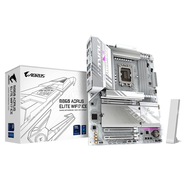 B860 AORUS ELITE WIFI7 ICE Motherboard; Intel Core Ultra processors (Series 2) Support; 4 x DIMMs, Dual Channel DDR5; with Intel B860 Express Chipset